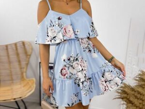 Style Women Elegant Floral Print V-neck-Blue