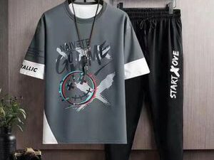 Men’s Fashion 2-in-1 Short sleeved Long Pants Set – Black